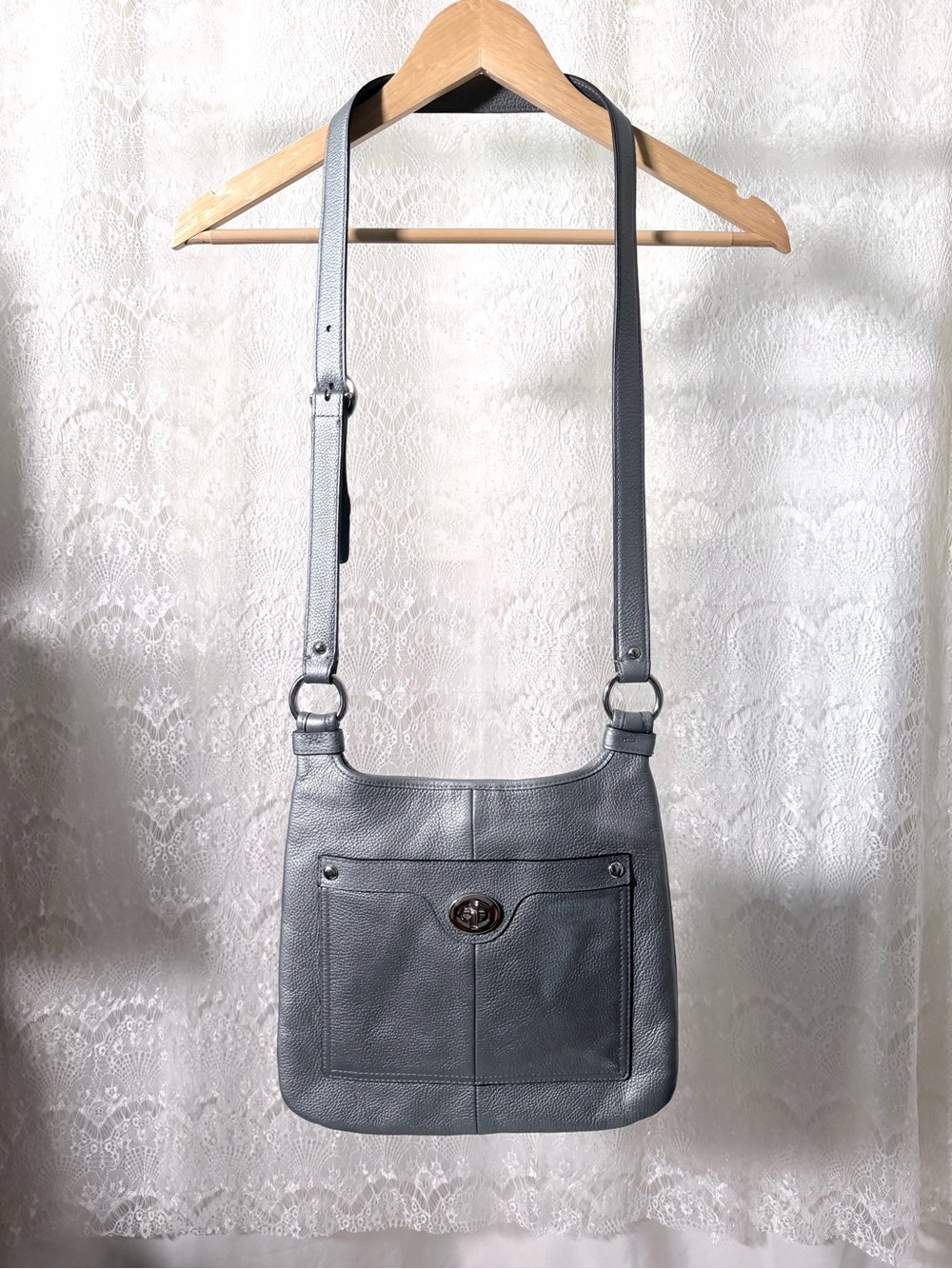 Coach Penelope silver metallic pebbled leather crossbody